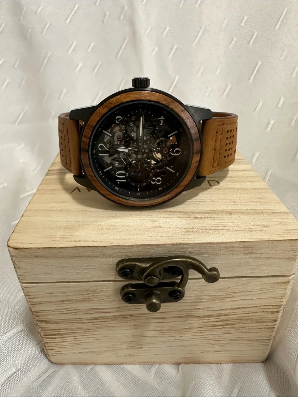 Avant Wood Automatic Men's Skeleton Dial Watch with Brown Leather Strap